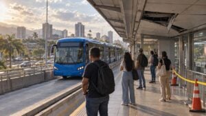 Pasajeros esperan un bus articulado junto a una zona del techo acordonada por daños leves.