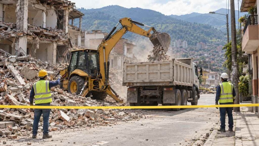 Obreros orientan una retroexcavadora y volquetas durante la remoción de escombros en una calle urbana.