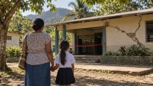 Madre con su hija frente a un colegio rural con un muro agrietado y cinta de seguridad