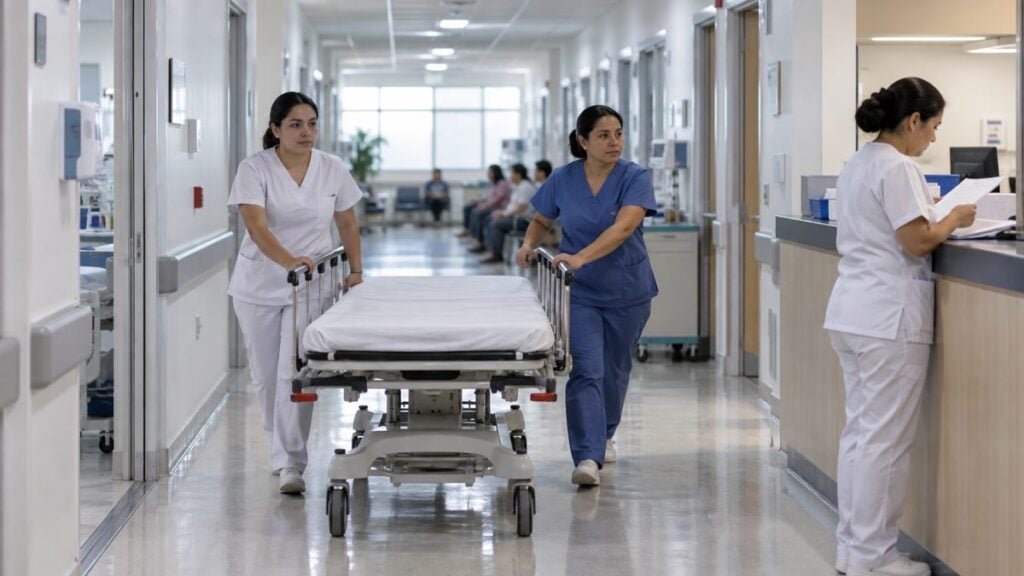 Auxiliares empujan una camilla mientras una enfermera revisa una historia clínica en un hospital público.