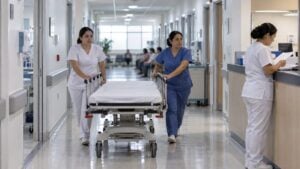 Auxiliares empujan una camilla mientras una enfermera revisa una historia clínica en un hospital público.