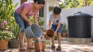 Una madre y su hijo vacían recipientes con agua estancada para evitar criaderos del mosquito del dengue.