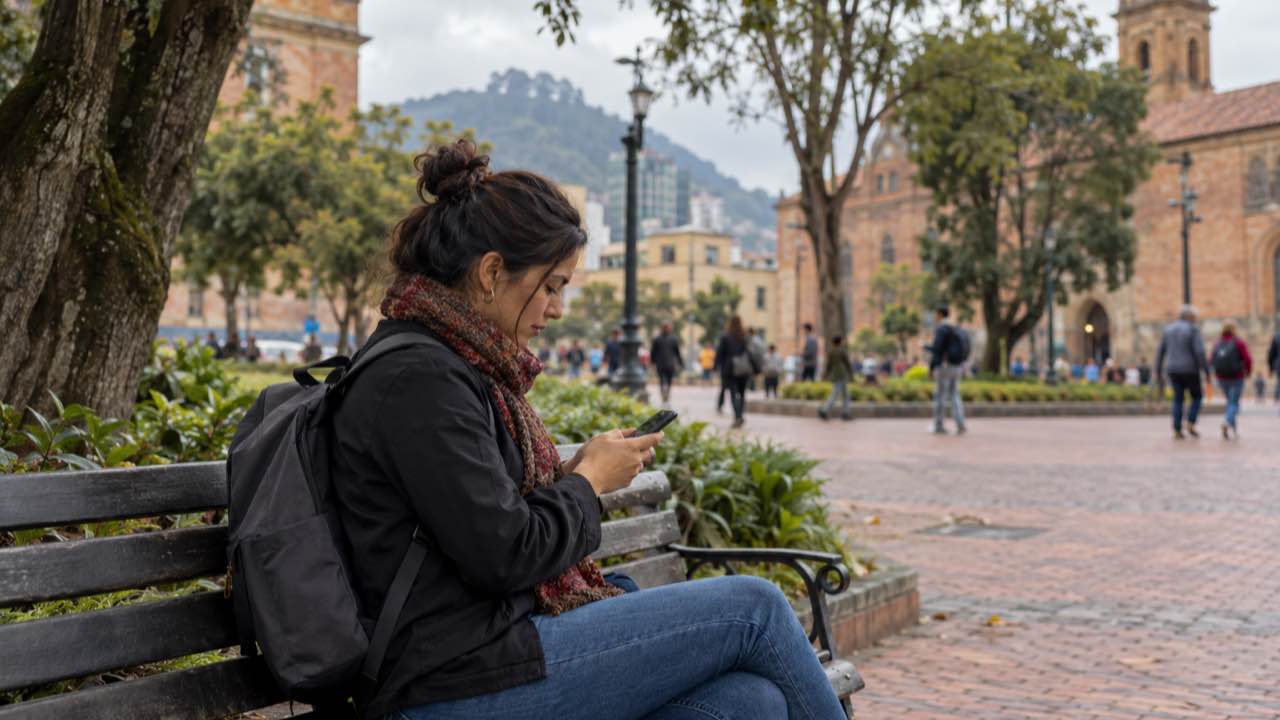 El DANE midió 9,4 % de desempleo en agosto: la industria perdió 240.000 empleos y en las 13 ciudades el paro subió a 9,1 % 1 Una mujer revisa ofertas de empleo en su celular en una banca de Bogotá; otras personas caminan al fondo.