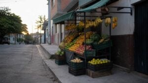 Puesto sencillo de venta de frutas en una acera de una ciudad colombiana al amanecer