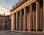 Arquitectura de piedra de un edificio público colombiano al atardecer