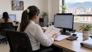 Contadora revisa facturas y una calculadora en la oficina de una pequeña empresa colombiana.