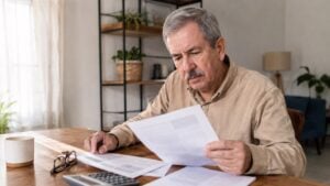 Pensionado revisa documentos y una calculadora en la mesa de su casa