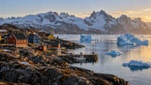 Fiordo de Groenlandia con icebergs, casas de madera de colores, montañas nevadas y personas caminando por un muelle.