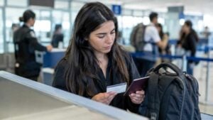 Viajero revisa sus documentos antes de abordar un vuelo internacional