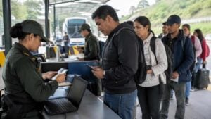 Viajeros presentan sus documentos ante un control migratorio en Colombia