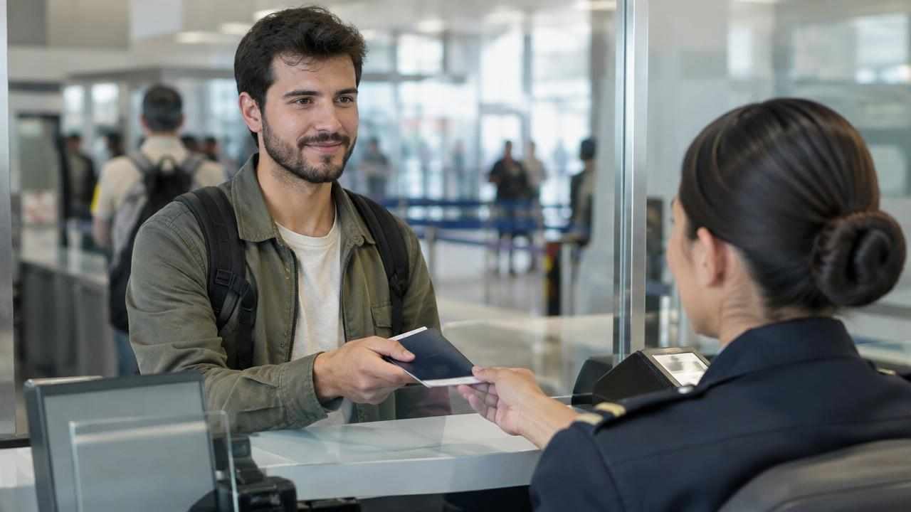 Documentos para ingresar a Colombia desde Estados Unidos: pasaporte vigente, sin visa y permiso al llegar 1 Viajero presenta su pasaporte en el control migratorio de un aeropuerto