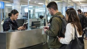 Viajeros revisan sus pasaportes en un control migratorio de aeropuerto