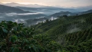 Cafetal colombiano en una ladera montañosa al amanecer con niebla suave