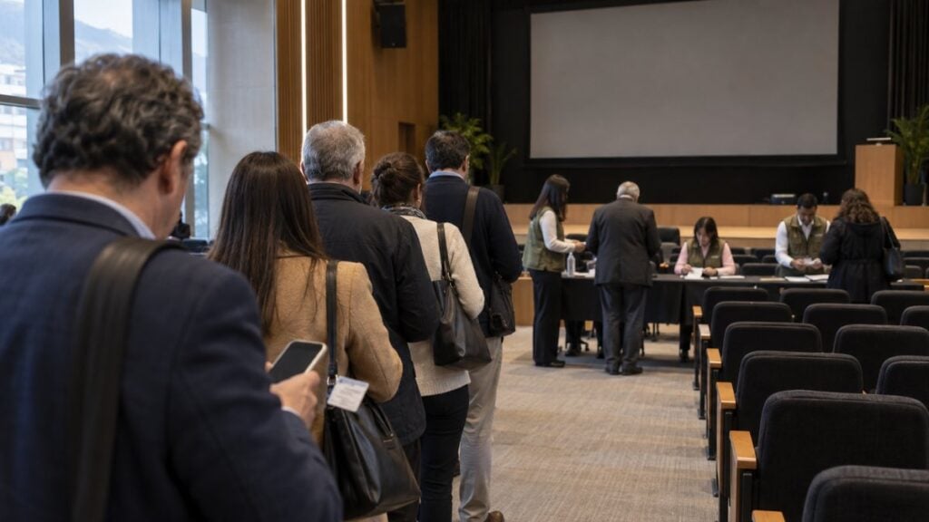 Accionistas adultos hacen fila con documentos y celulares ante mesas de registro en un auditorio.