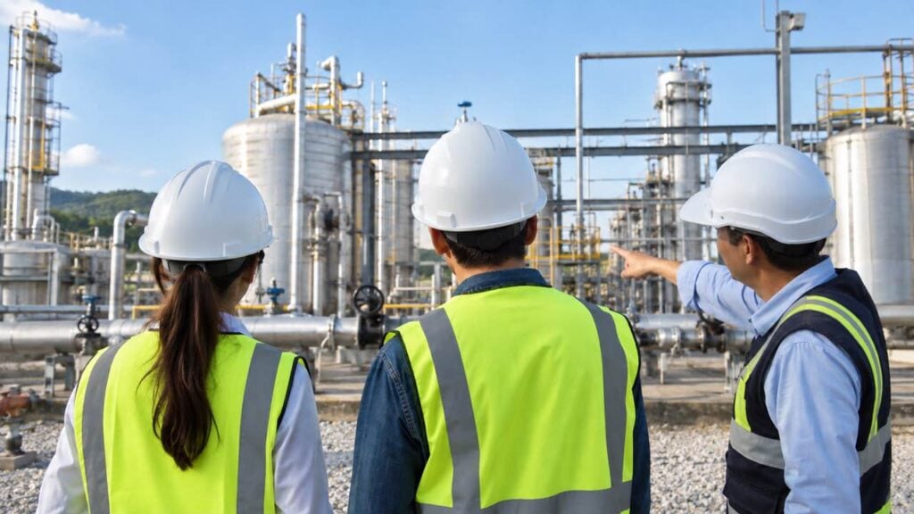 Dos estudiantes con casco observan una planta industrial mientras un ingeniero señala las instalaciones.