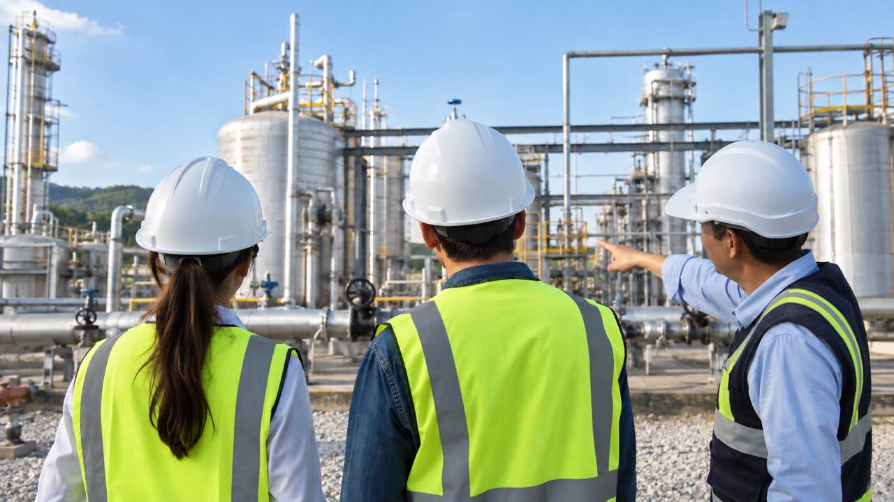 Ecopetrol abrió más de 300 cupos de prácticas para 2027 en 21 bases: los estudiantes tienen hasta el 16 de octubre para postularse 1 Dos estudiantes con casco observan una planta industrial mientras un ingeniero señala las instalaciones.