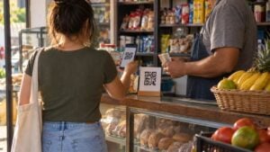 Una clienta paga con el celular en una tienda de barrio mientras el tendero sostiene billetes.