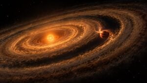Estrella joven anaranjada con un disco de gas y polvo y un planeta brillante dentro de una brecha
