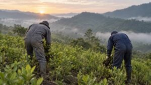 Dos erradicadores de espaldas arrancan matas de coca en una ladera con neblina al amanecer.