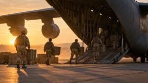 soldados con uniforme de camuflaje del desierto cargan cajas en un avión de transporte militar en una pista al atardecer.
