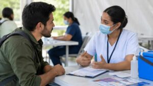 Viajero recibe orientación sobre vacunación en un puesto de salud