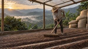 Caficultor revuelve granos de café que se secan en una finca de montaña al amanecer
