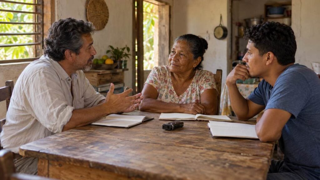 un profesor de mediana edad conversa con una mujer mayor y un hombre joven sentados en una mesa de madera en una casa rural del Caribe colombiano, con cuadernos y una grabadora sobre la mesa.