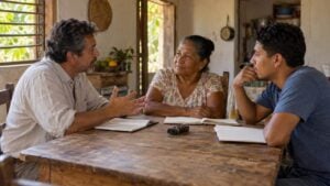 un profesor de mediana edad conversa con una mujer mayor y un hombre joven sentados en una mesa de madera en una casa rural del Caribe colombiano, con cuadernos y una grabadora sobre la mesa.