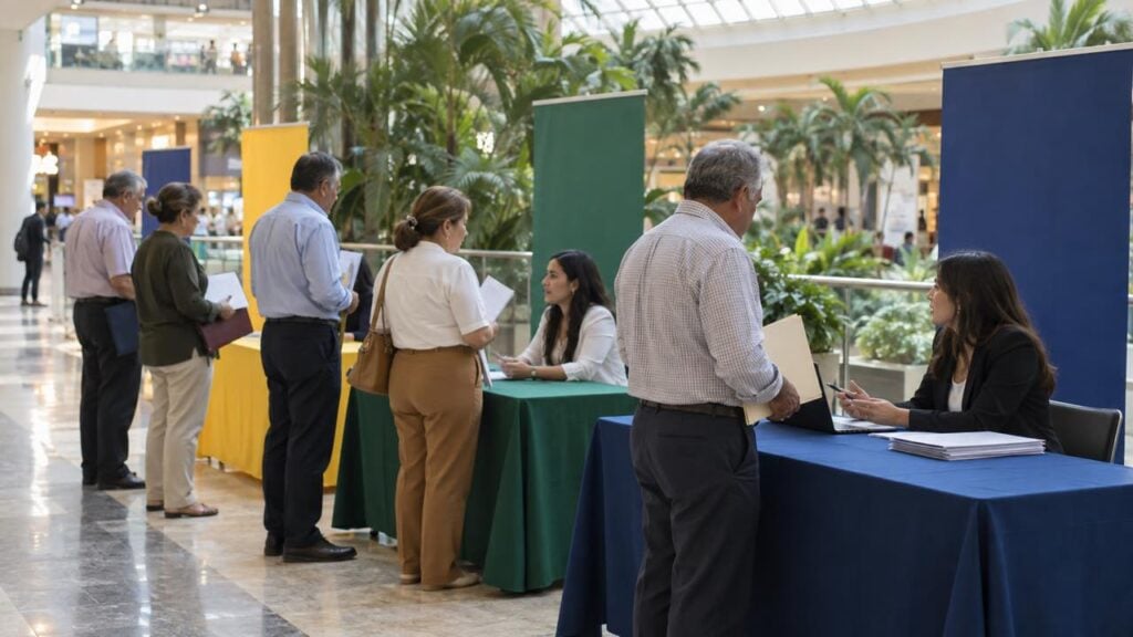 Personas adultas con hojas de vida conversan con asesoras en una feria de empleo dentro de un centro comercial.