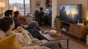 una familia en la sala de su apartamento en Bogotá ve una película en el televisor mientras un joven juega en línea en su computador, con un enrutador de internet sobre el mueble.