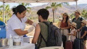 Profesional de salud vacuna a un viajero adulto en un punto de atención de clima cálido.