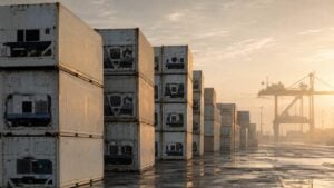 Contenedores refrigerados apilados en un puerto al amanecer con una grúa de pórtico al fondo