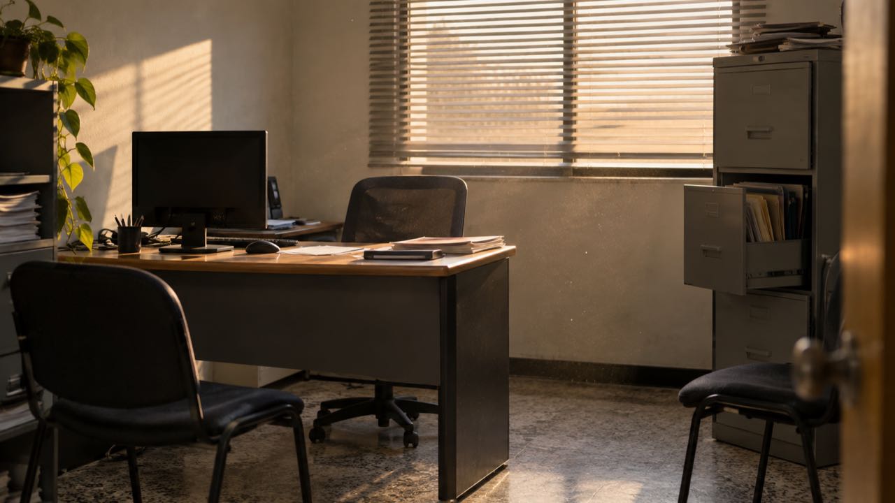 La Fiscalía detectó $2,3 billones lavados con nueve empresas y criptoactivos: 36 bienes quedaron con medidas cautelares 1 Oficina pequeña vacía con computador apagado, sillas desocupadas y un archivador entreabierto