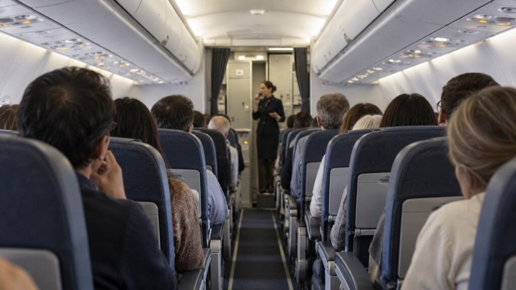 pasajeros en la cabina de un avión comercial miran hacia el pasillo, tensos, mientras una auxiliar de vuelo habla por el intercomunicador.