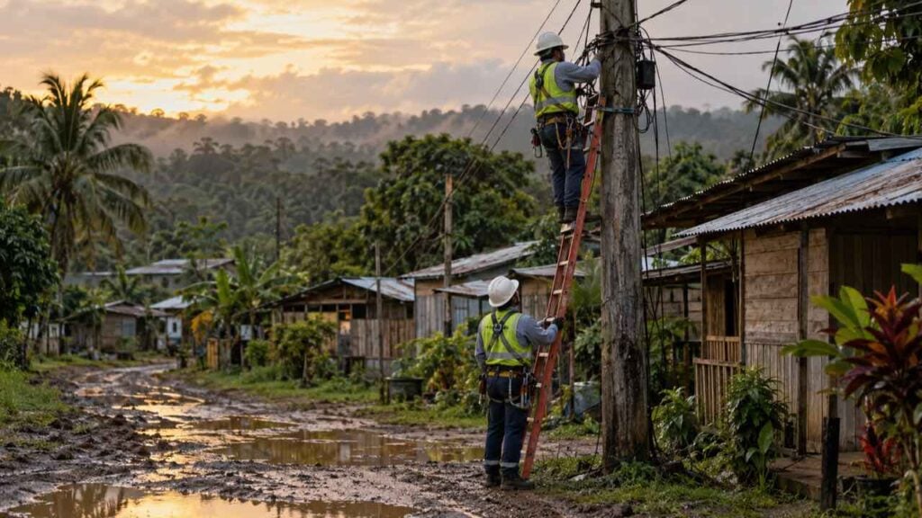 Dos técnicos reparan un poste de energía junto a casas de madera en un terreno embarrado