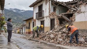 Dos obreros retiran escombros de una casa dañada mientras una mujer observa desde la acera.