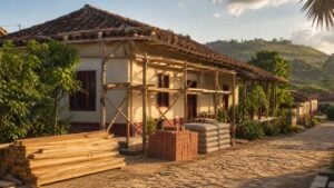 Casa sencilla de pueblo colombiano en reparación con andamios de madera y materiales bajo la luz de la tarde