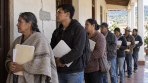 Personas con carpetas esperan en el corredor exterior de una alcaldía de pueblo con una grieta reparada