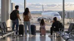 Familia con maletas de mano espera junto al ventanal de un aeropuerto con un avión al fondo