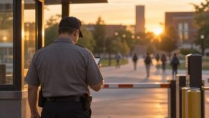 Vigilante de espaldas mira su celular en la portería de un campus al atardecer.