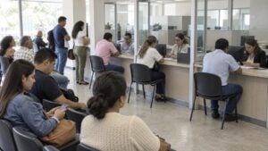 Funcionarios atienden a ciudadanos en las ventanillas de una oficina pública