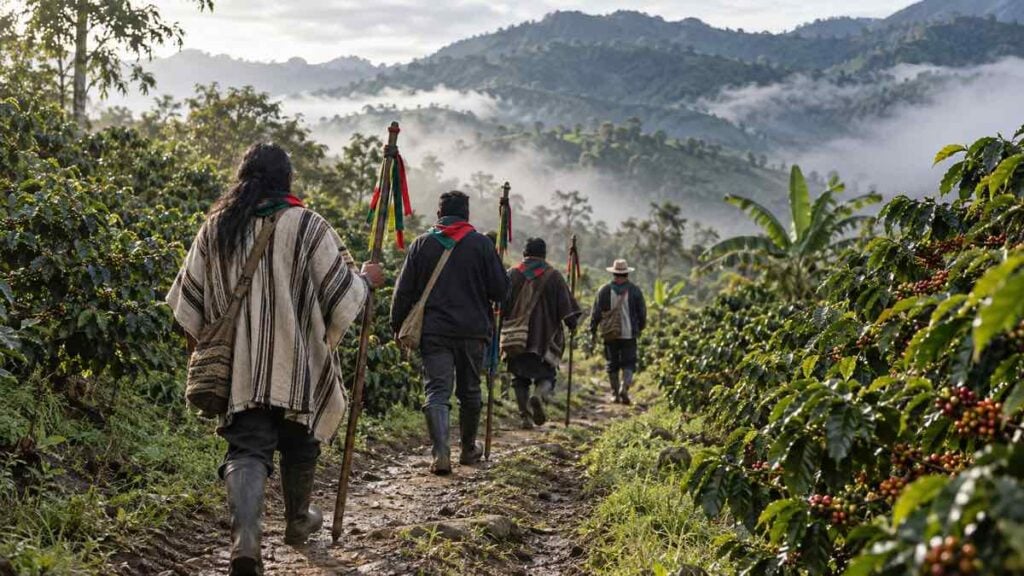 Integrantes de una guardia indígena caminan de espaldas por un sendero entre cafetales y niebla en una montaña del Cauca.