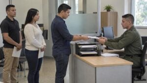 Funcionario militar atiende a un ciudadano con documentos mientras dos personas esperan en una oficina