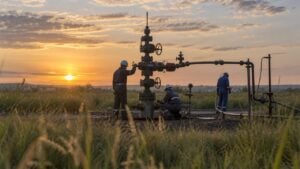 Trabajadores revisan equipos junto a un pozo petrolero en una llanura al amanecer