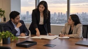 Tres personas conversan alrededor de una mesa de juntas mientras una mujer señala una carpeta abierta.