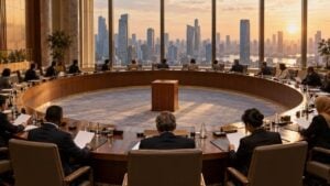 Delegados sentados alrededor de una mesa circular con una urna de madera en el centro y rascacielos al fondo.