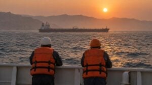 Dos tripulantes observan desde una cubierta un petrolero que navega al atardecer frente a una costa árida.