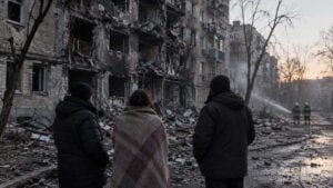 Vecinos abrigados observan un edificio residencial dañado mientras bomberos trabajan a lo lejos.