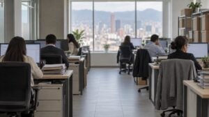 Funcionarios ficticios trabajan en una oficina pública con computadores y cajas de archivo.