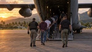 Hombres esposados suben de espaldas a un avión de carga en una pista caribeña al atardecer